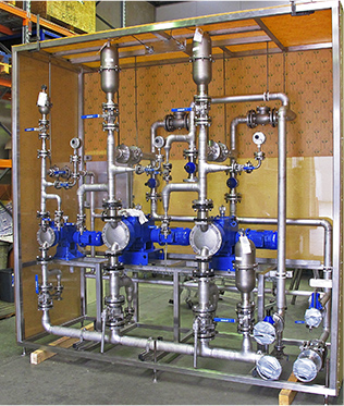 Custom built concentrated sulphuric dosing skid with Iwaki AX hydraulic diaphragm metering pumps for retrofitting in power station water treatment demin plant.