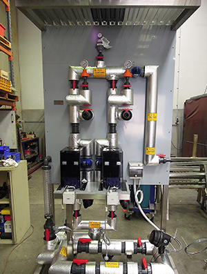 Standardised caustic dosing skid with Iwaki IX motorised digital metering pumps for water treatment plant.