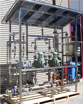 Custom built concentrated sulphuric dosing skid with Iwaki LK metering pumps for power station water treatment plant.